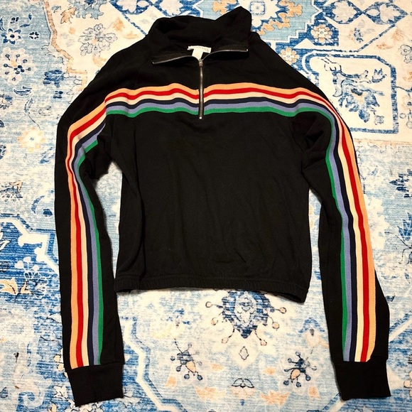 TILT Sweaters - TILT Black Quarter-Zip Sweater with Rainbow Stripe Detail